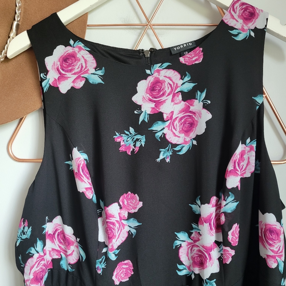 Torrid, Black Pink Floral Rose Georgette Sleeveless Maxi Chiffon Dress, 18 - Picture 4 of 9